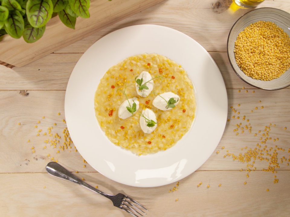 Risotto with yellow peeled lentils and robiola cheese